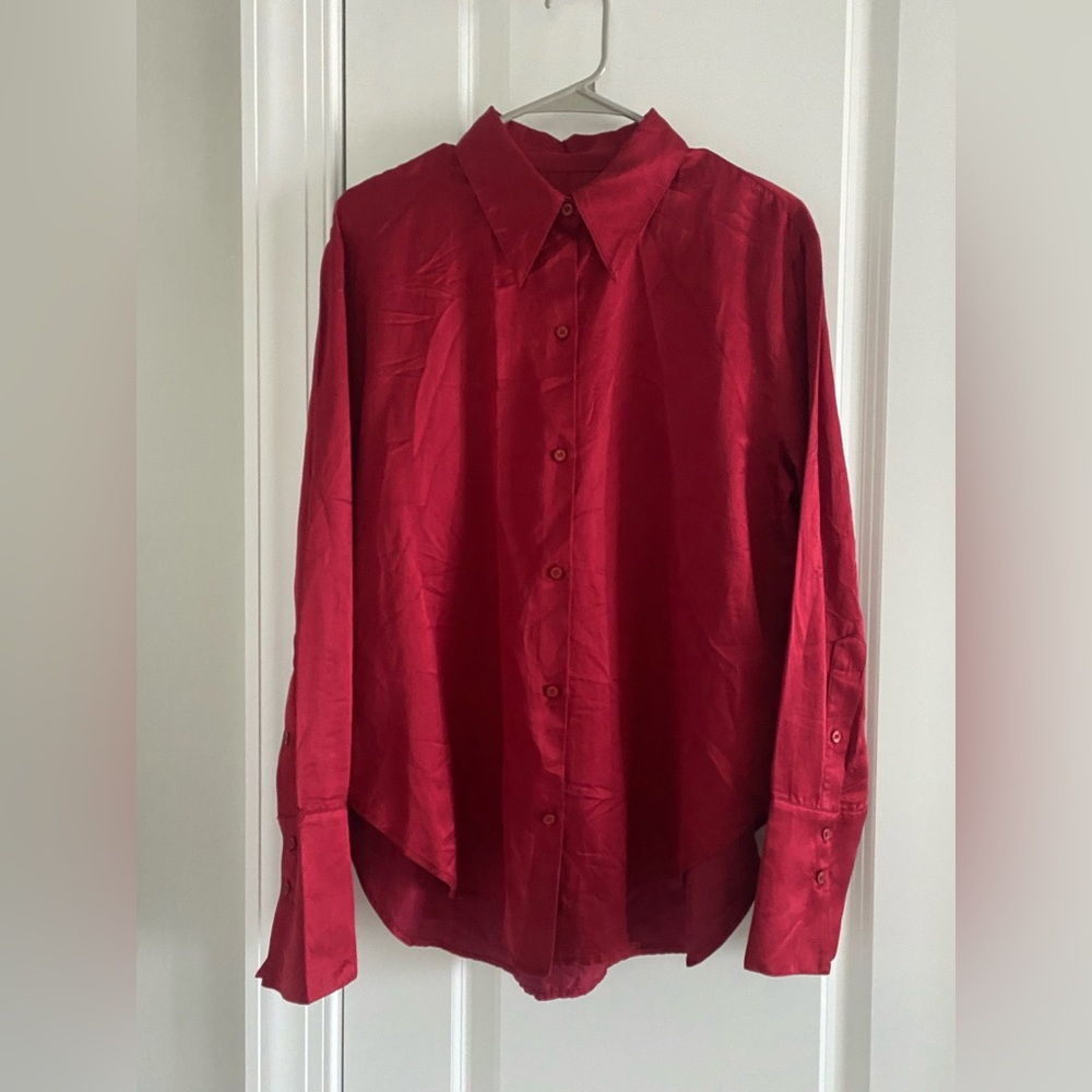 Citizens Of Humanity Silk & Cotton Blouse Vibrant Red Button Up Shirt - Medium - Picture 2 of 9